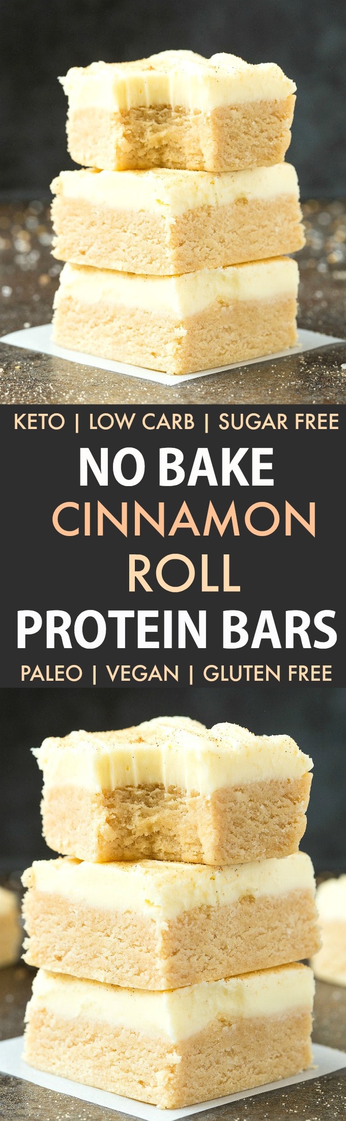 Easy No Bake Paleo Vegan Cinnamon Roll Protein Bar Recipe (Keto, Low Carb, Sugar Free)- Quick and easy homemade protein bars which taste like a cinnamon roll and has no protein powder- Soft, chewy and thick! Sugar free, dairy free and ready in 5 minutes! #proteinbar #ketosnack #paleo #vegan #cinnamonroll | Recipe on thebigmansworld.com