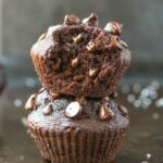 Easy Flourless Gluten Free Vegan Blender Chocolate Muffins with an internal shot showing the fluffy texture