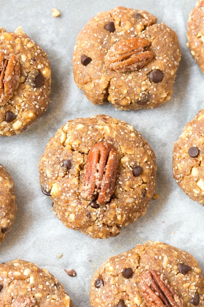 No Bake Pecan Pie Cookies topped with sugar free candied pecans 