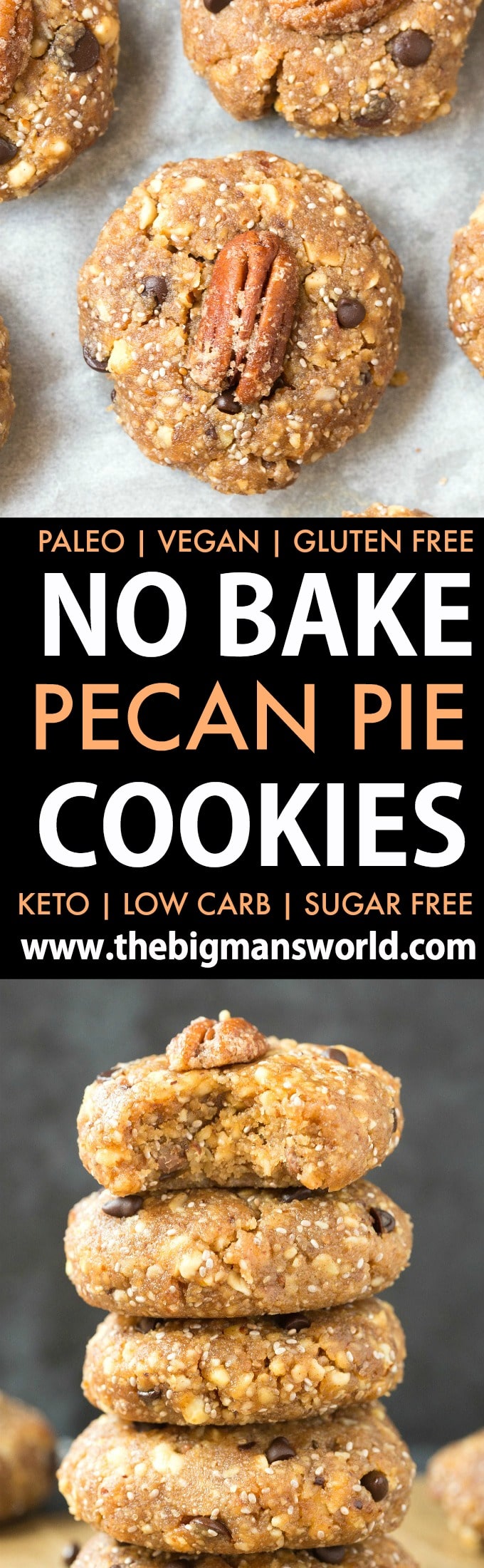A collage of no bake pecan pie cookies topped with candied pecans and mini chocolate chips