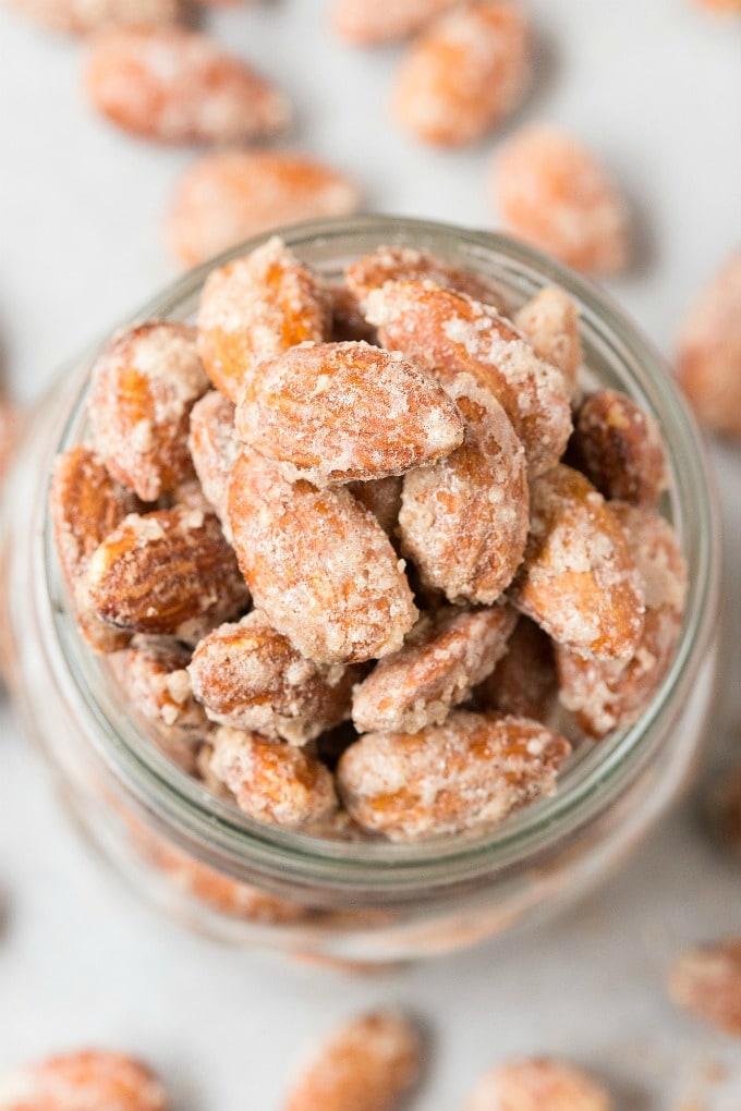 A jar of stovetop sugar free candied almonds