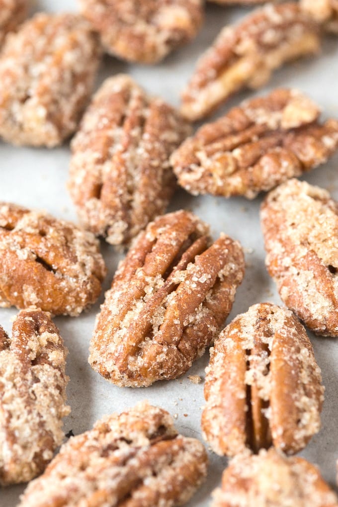 A close up shot of a sugar free candied pecan.