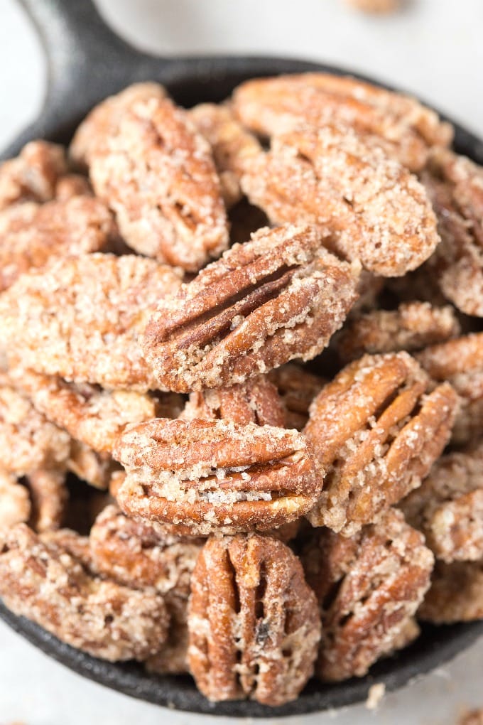 Sugar Free Candied Pecans in a skillet