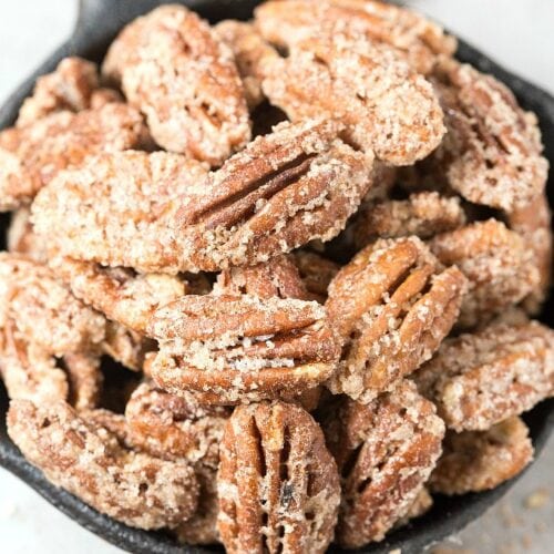 Sugar Free Keto Candied Pecans are your easy 5-minute holiday dessert or snack recipe made stovetop or skillet- 100% sugar free, low carb and paleo and vegan- The healthy candied pecan recipe! #keto #paleo #Thanksgiving #Christmas #candiedpecans #skilletpecans #candiednuts #sugarfree