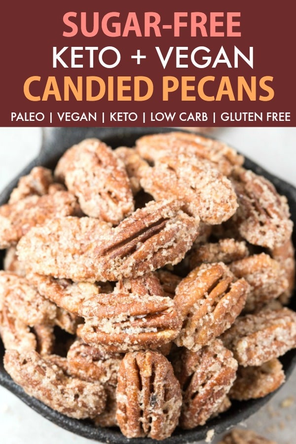 Stovetop sugar free candied pecans in a skillet.