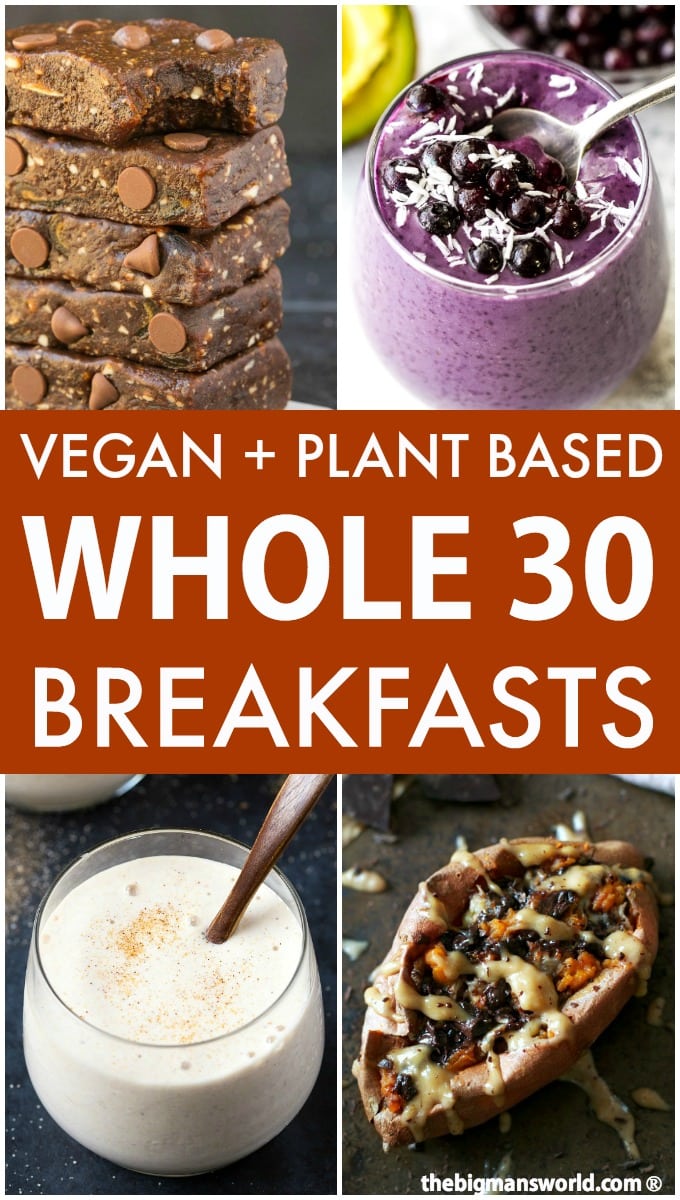 A collage of 4 images of breakfast ideas for the whole30 diet- a mixed berry smoothie, brownie larabars, banana smoothie and stuffed sweet potatoes