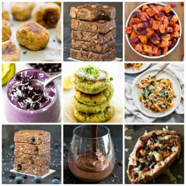 A square collage of 9 vegan and paleo whole30 approved foods and recipes, including smoothies, larabars, sweet potato noodles, zucchini fritters and baked potatoes