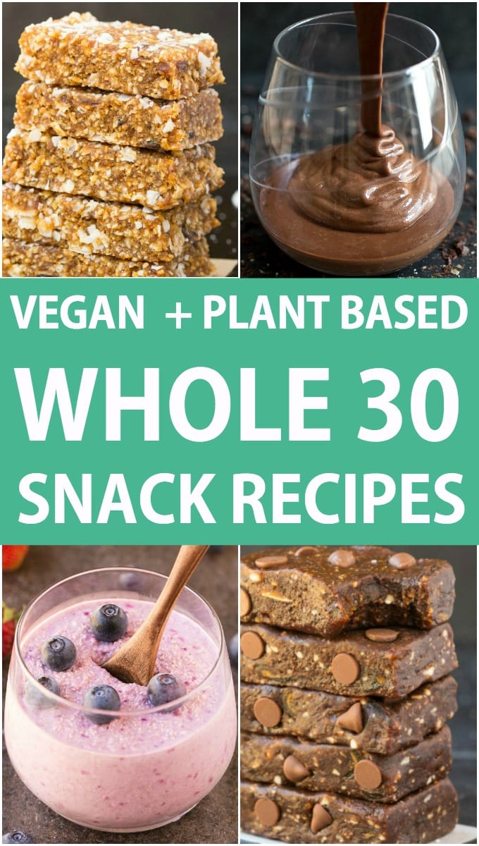 A rectangular collage of whole30 approved snack recipes for a vegan and plant based diet- Coconut cream pie larabars, brownie smoothie, berry smoothie and brownie larabars