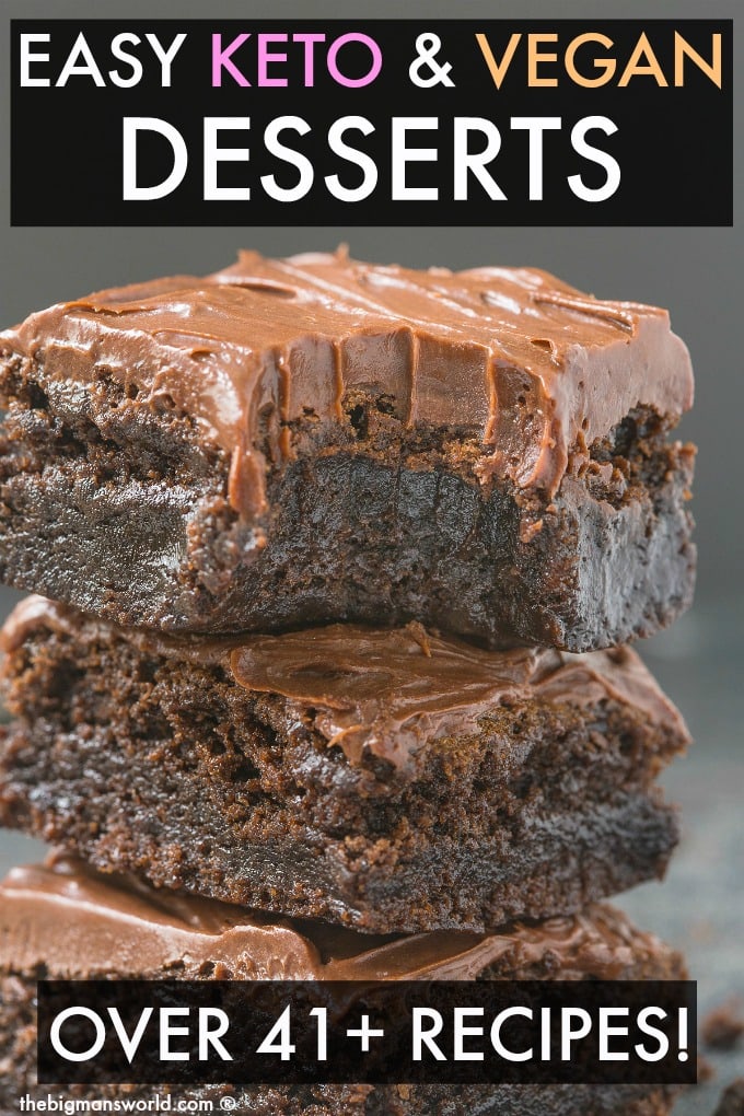 Three gooey, fudgy flourless brownies topped with frosting and the top one has a bite mark out of it. Text written says 41+ Easy Keto Friendly Dessert Recipes that are Vegan!