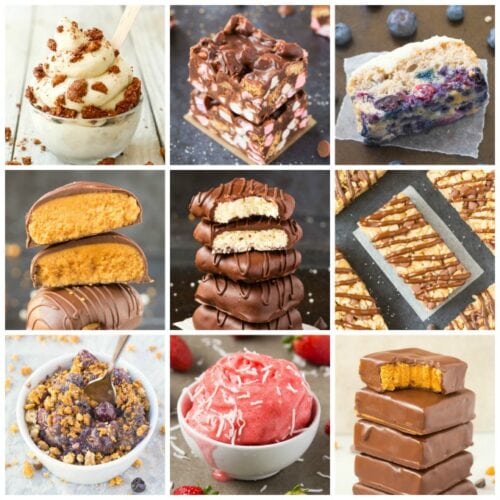A square collage of 9 keto and vegan desserts including ice cream, cakes, brownies, no bake bars and cookies. 41+ Easy Keto Friendly Dessert Recipes that are Vegan!