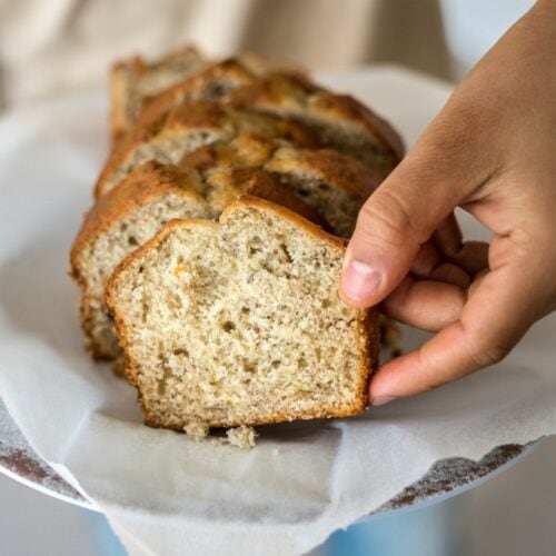 Slices of hearty banana bread- Tender on the outside and moist on the inside.