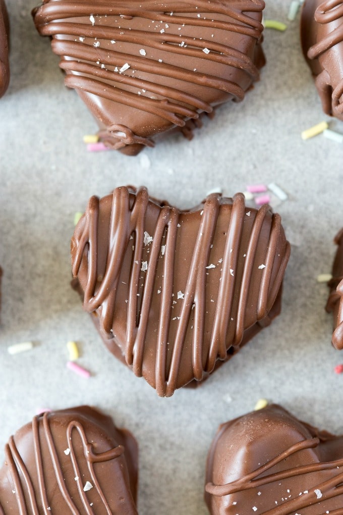 A large, chocolate heart filled with a creamy peanut butter- Like a Reese's peanut butter cup. 