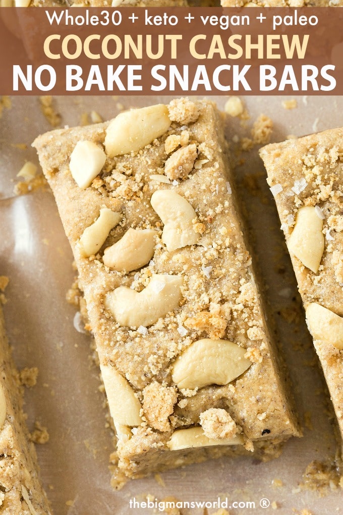 A keto and whole 30 approved coconut cashew no bake snack bar 