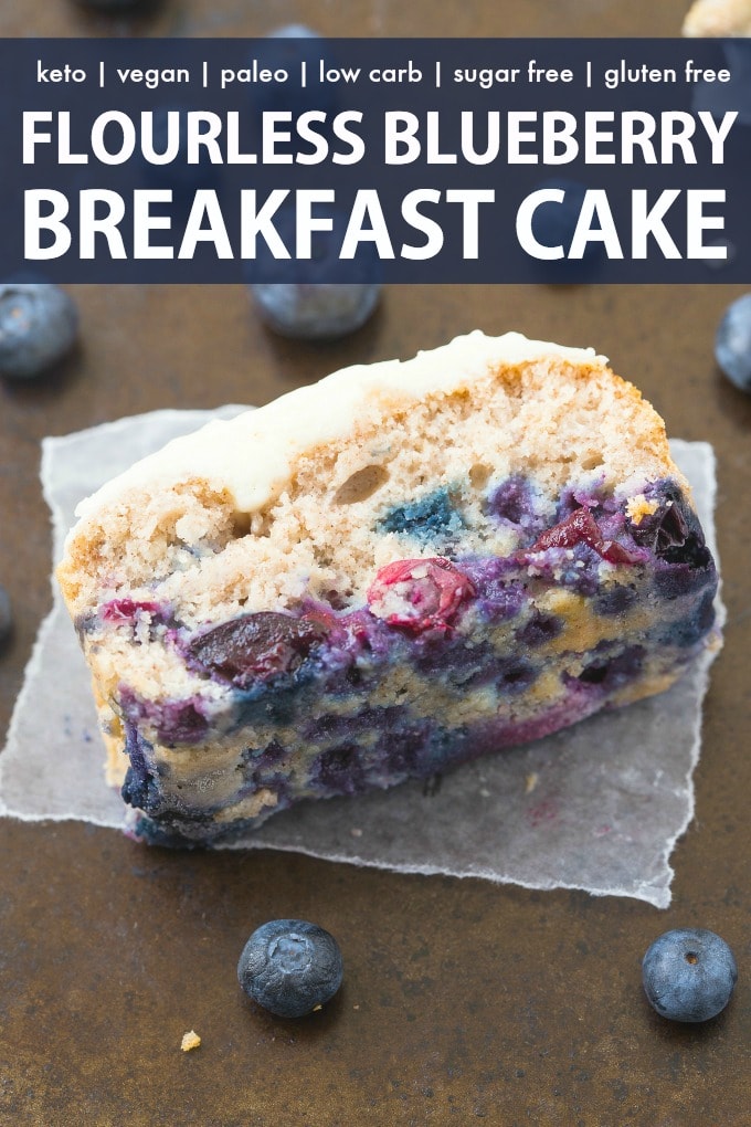 A slice of blueberry breakfast cake loaded with blueberries and topped with a thick, protein-rich frosting.