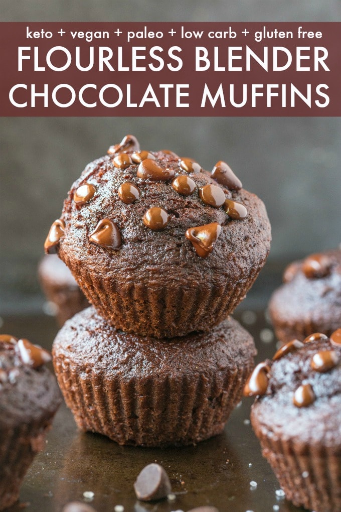 Chocolate blender flourless muffins topped with chocolate chips. 