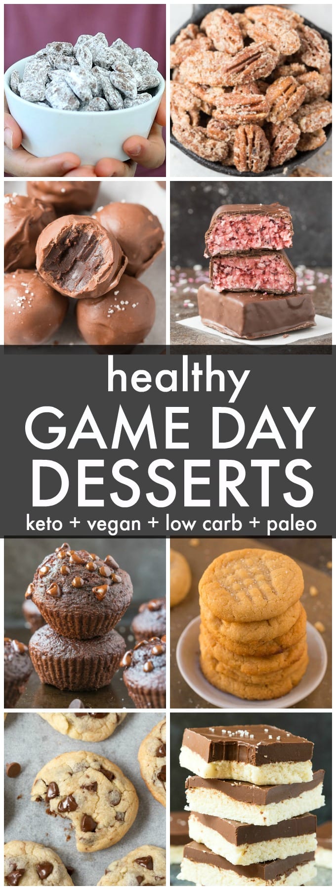 A collage of healthy keto and vegan game day and super bowl dessert recipes