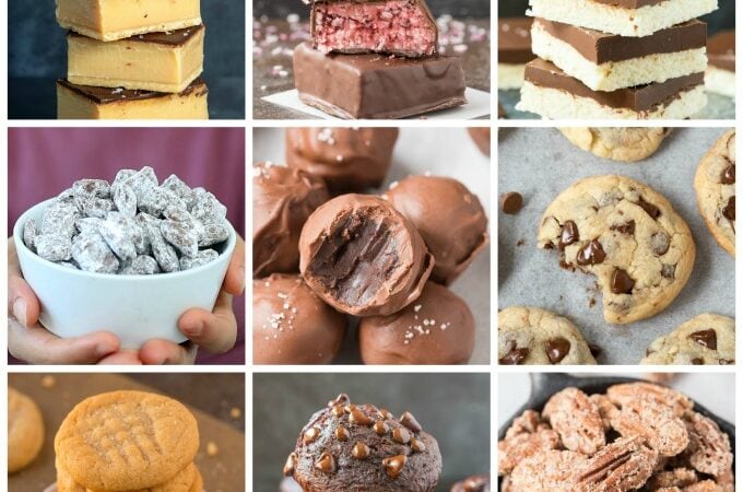 A collage of healthy keto and vegan game day and super bowl dessert recipes including no bake desserts and chocolate desserts.