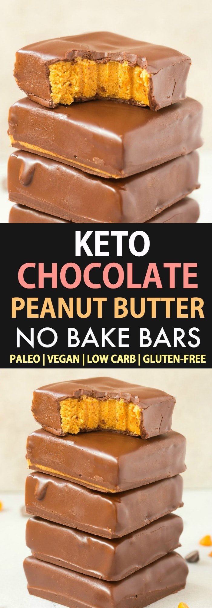 A collage featuring two images of keto chocolate peanut butter no bake bars, with the text saying Keto Chocolate Peanut Butter No Bake Bars. 