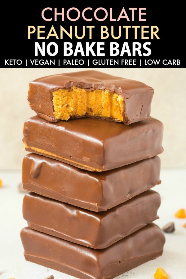 A stack of chocolate peanut butter no bake bars, with the top one half eaten. The text on top says Keto Chocolate Peanut Butter No Bake Bars. 