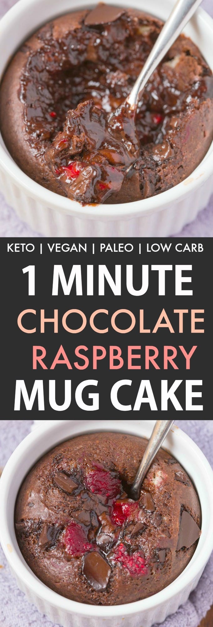 A single serve keto chocolate raspberry mug cake loaded with raspberries and chocolate chunks. 