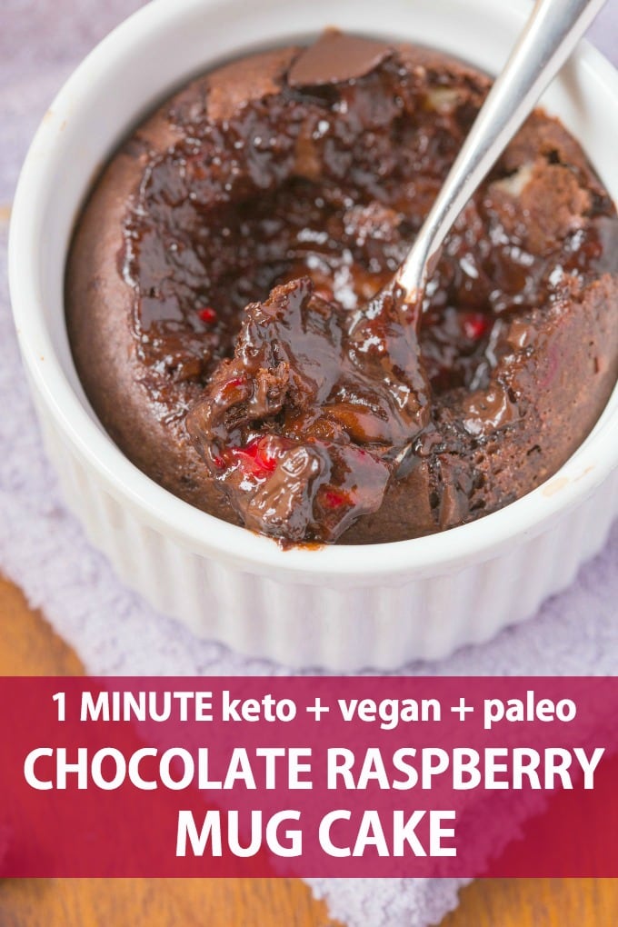 A gooey chocolate raspberry keto mug cake loaded with raspberries and chocolate chips