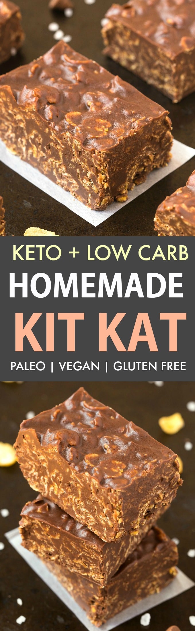 A collage of homemade keto kit kat bars- Chocolate bars loaded with crispy cereal, nuts and seeds