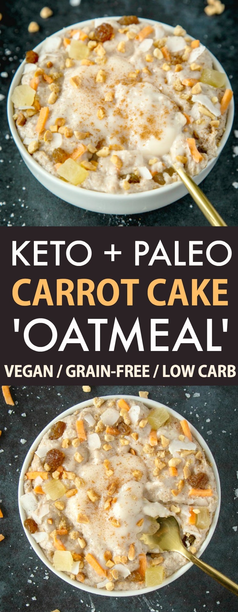 A collage of two photographs of carrot cake keto oatmeal- Each white bowl is filled with keto cereal, shredded carrots, roasted nuts, dried pineapple, raisins and a coconut butter frosting. 