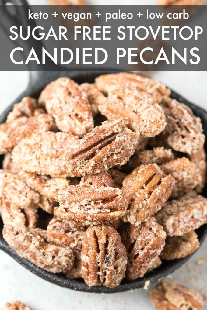 A skillet filled with sugar free candied pecans