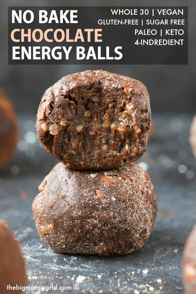 Two chocolate energy balls on top of one another, with the top one with a bite mark out of it and text on top- No Bake Chocolate Energy Balls. Keto, Paleo, Vegan, Whole30, Sugar Free.
