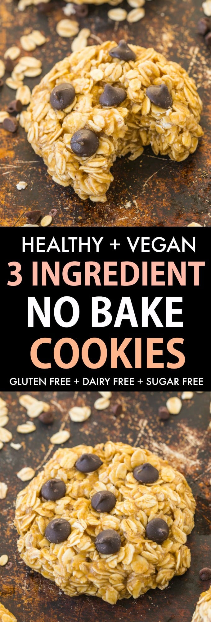 3 Ingredient Vegan No Bake Cookies with oatmeal and chocolate chips