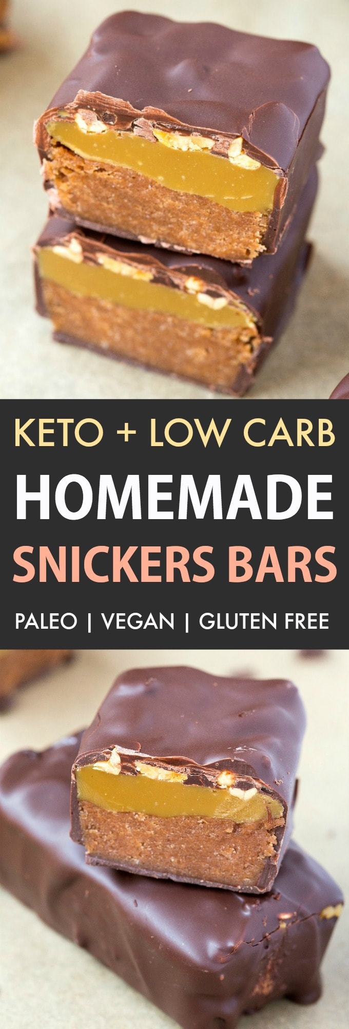 A collage of homemade healthy keto snickers bars 
