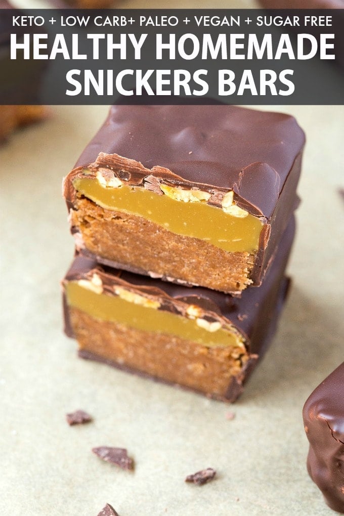 Homemade healthy keto snickers bar recipe cut in half. 