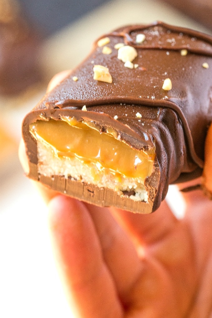 A close up shot of healthy homemade Keto Twix Bars