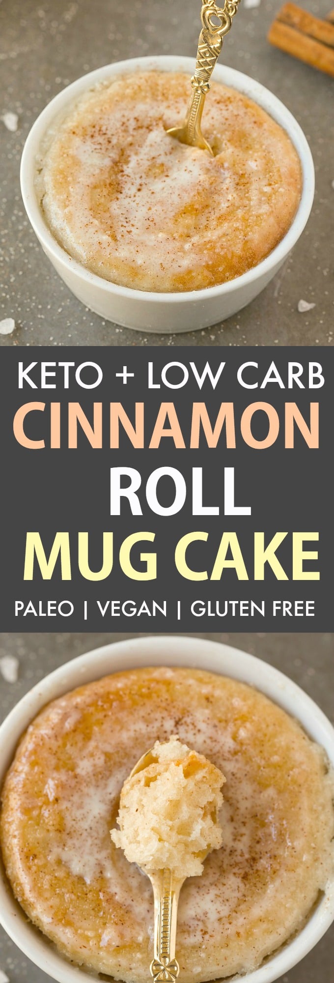 A keto cinnamon roll mug cake topped with a cinnamon glaze