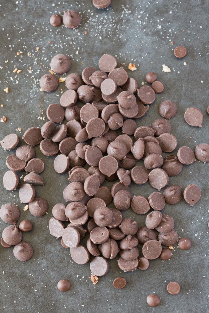 A bunch of chocolate chips scattered on a blue surface