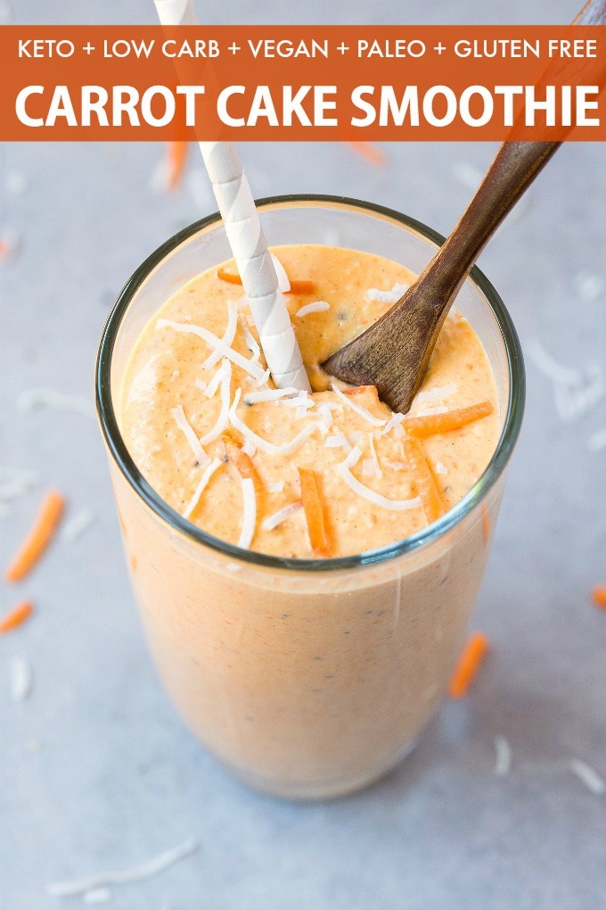 A keto carrot cake smoothie topped with coconut and carrots