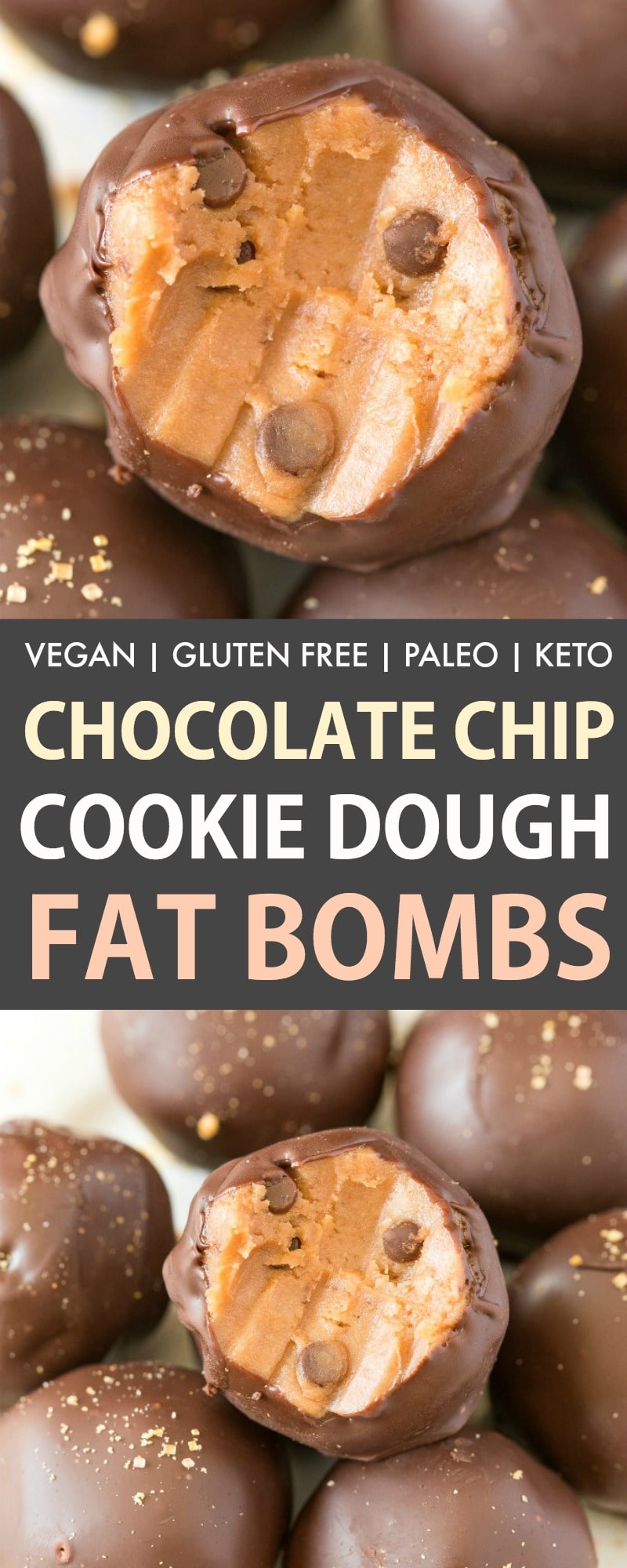 Keto Cookie Dough fat bombs with chocolate chips and perfect for a keto snack or dessert! Made with NO cream cheese, it's also vegan, paleo and gluten-free! 