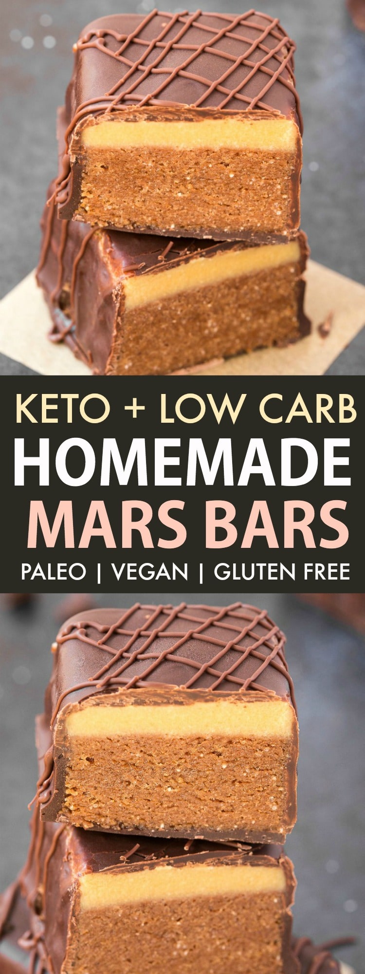 homemade mars bars recipe that is healthy, no bake and with a keto and paleo nougat filling.