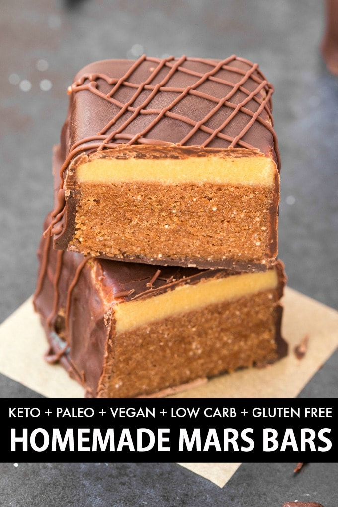 Homemade Mars Bars with a paleo and vegan nougat and a keto chocolate coating