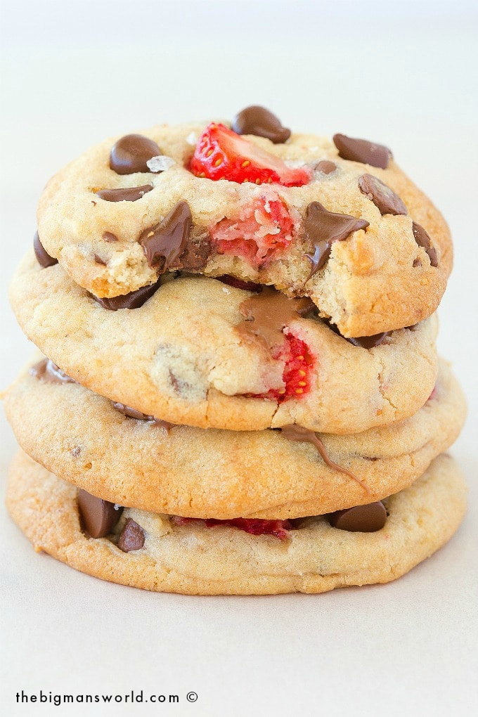 Soft and chewy keto chocolate chip cookies with strawberries