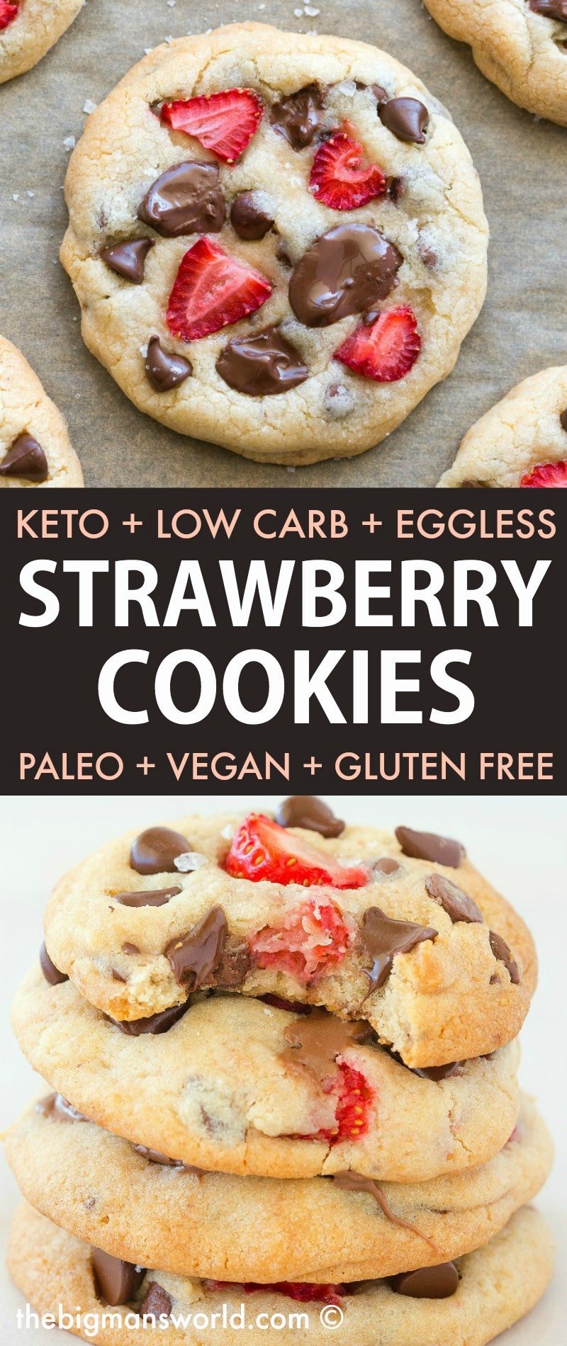 Soft and chewy keto chocolate chip cookies loaded with fresh strawberries