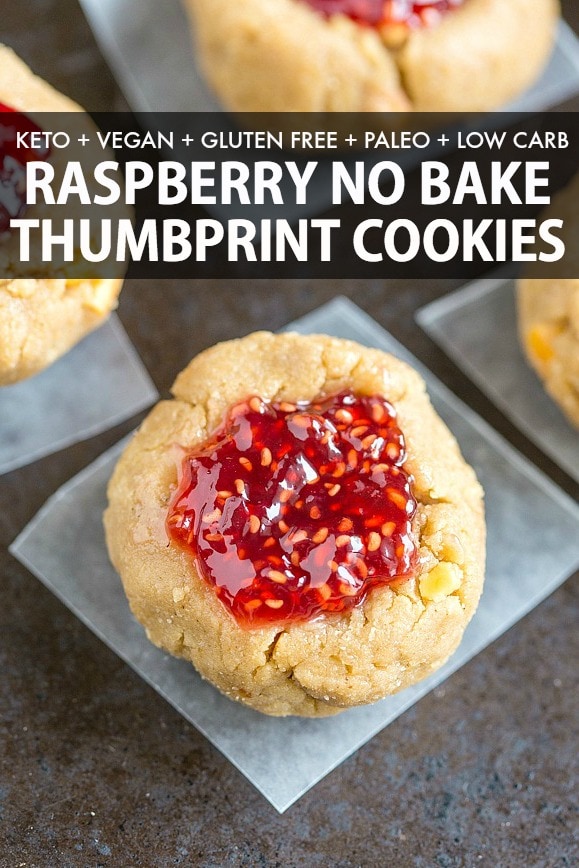 Healthy Vegan Thumbprint Cookie Recipe that is also no bake, keto and low carb! Soft, chewy and filled with raspberry or strawberry jam! 