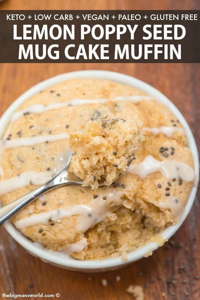 A keto low carb healthy lemon poppy seed mug cake muffin that is tender on the outside, moist on the inside!