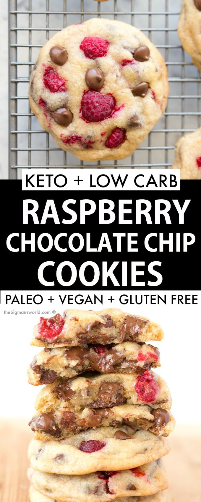 Raspberry Chocolate Chip Cookies are a delicious keto, vegan and paleo cookie recipe that are soft, chewy and loaded with raspberries