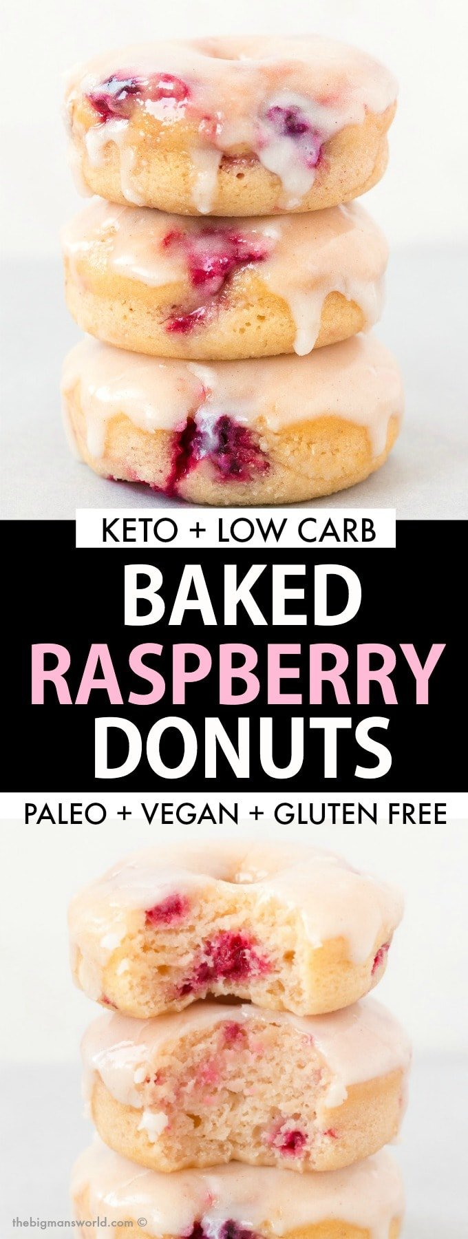 Easy baked donut recipe loaded with raspberries and topped with a sugar free glaze.