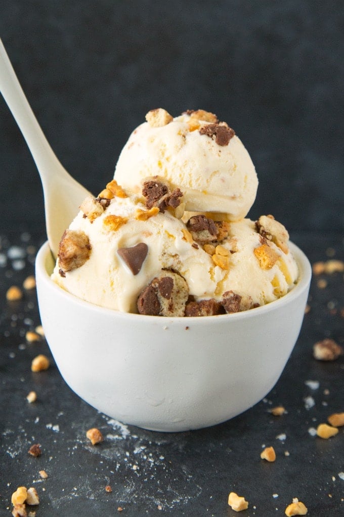 Easy no churn ice cream with cookie dough pieces and chunks