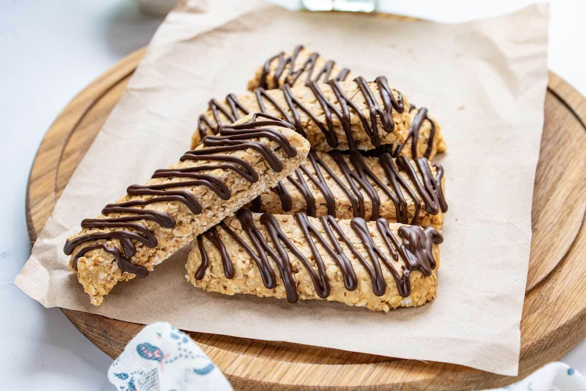 chocolate drizzled on oatmeal protein bars.