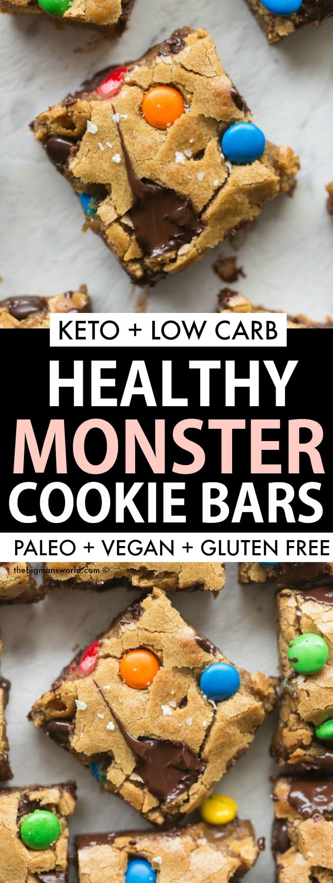 Healthy Monster Cookie Bars recipe with NO flour, NO peanut butter and NO sugar!