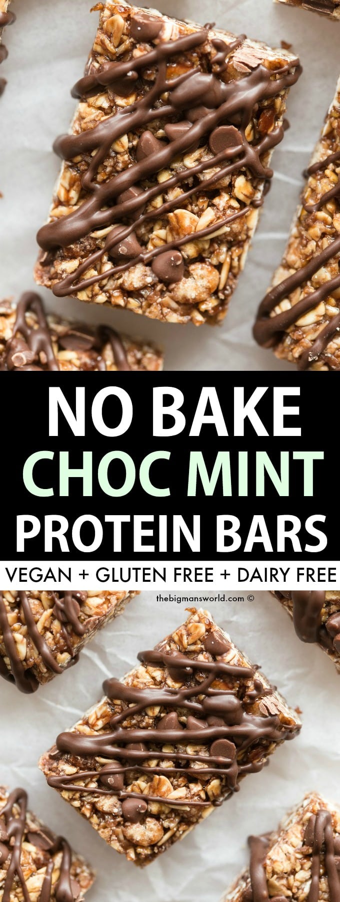 Homemade Chocolate Mint Chip Protein Bars Recipe requiring no baking. 