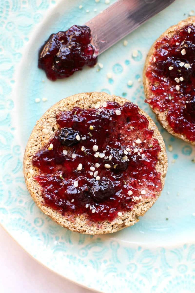 keto microwave english muffin with strawberry jam